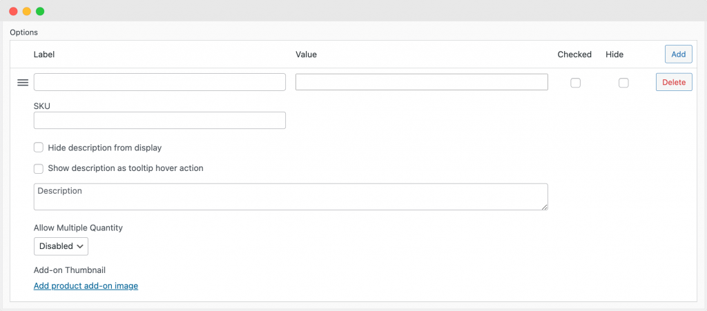 Product Manager Add-ons – configure row options.