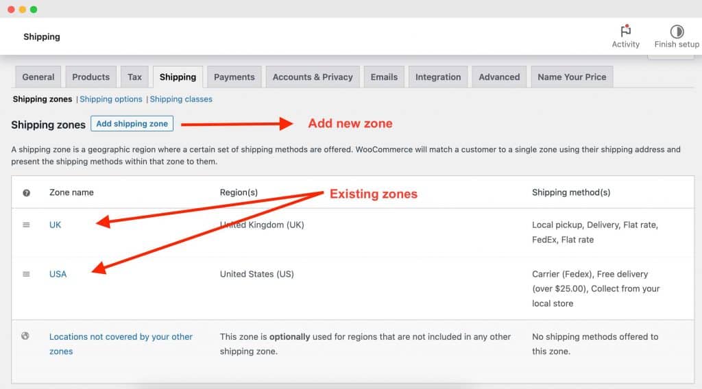 Add new shipping zone or edit existing shipping zones in WooCommerce shipping settings.